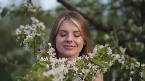 beautiful-young-woman-is-enjoying-aroma-of-cherry-blossom-of-tree-branch-in-orchard-in-spring-day